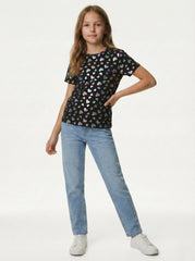 M&S Girls Shimmer Heart Print Short Sleeve T Shirt