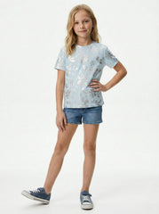 M&S Girls Shimmering Floral Print Short Sleeve T-Shirt