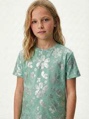 M&S Girls Shimmering Floral Print Short Sleeve Mint Green T Shirt
