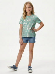 M&S Girls Shimmering Floral Print Short Sleeve Mint Green T Shirt
