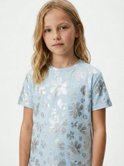 M&S Girls Shimmering Floral Print Short Sleeve T-Shirt