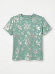 M&S Girls Shimmering Floral Print Short Sleeve Mint Green T Shirt