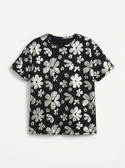M&S Girls Silver Floral Print Short Sleeve Black T Shirt