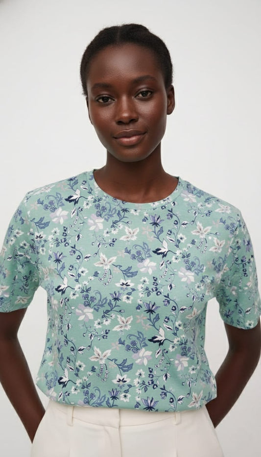 SPF Womens Floral Print Short Sleeve Crew Neck Sage Green T Shirt