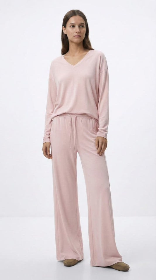 OYSHO Womens Luxe Comfort V-Neck Loungewear Soft Pink Set