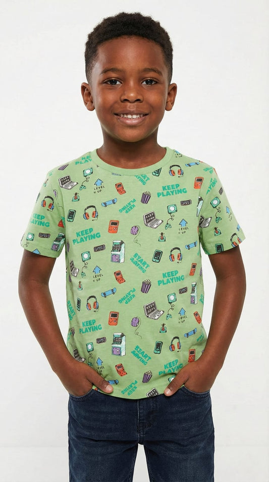 LCW Boys Green Graphic Printed Cotton T-Shirt