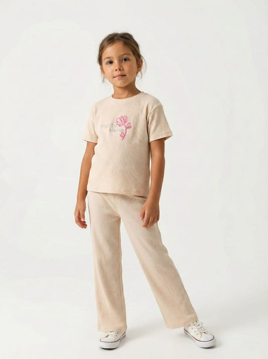 OKAIDI Girls Ribbed Knit Cream Blossom Two Piece Set