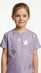 M&S Girls Happy Everyday Iridescent Star Print Short Sleeve Lavender T Shirt