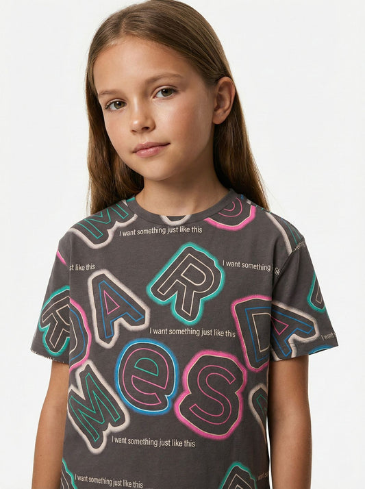 LCW Girls Alphabets Printed Tee With Multi Colours Shadow Detail