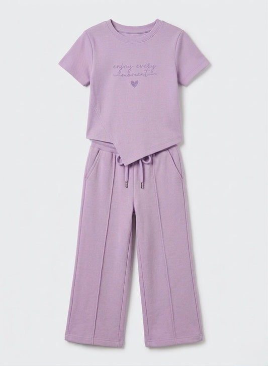 M&S Girls Purple Ribbed T-Shirt and Wide-Leg Trousers Set