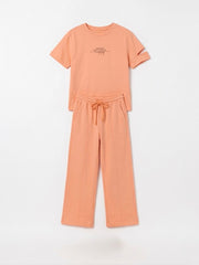 M&S Girls Playful Peach Two-Piece Slit Sleeve Top & Wide-Leg Trousers Set
