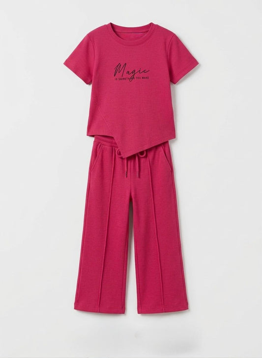 M&S Girls Bright Pink Ribbed T-Shirt and Wide-Leg Trousers Set