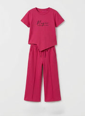 M&S Girls Bright Pink Ribbed T-Shirt and Wide-Leg Trousers Set