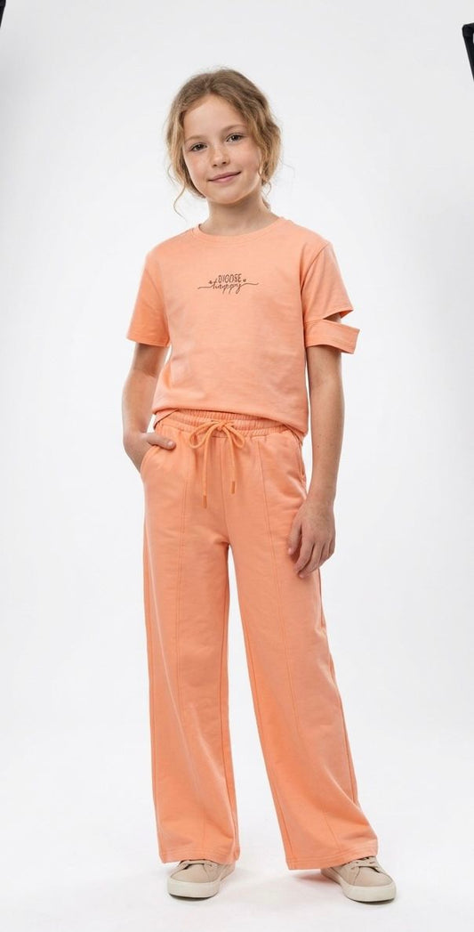 M&S Girls Playful Peach Two-Piece Slit Sleeve Top & Wide-Leg Trousers Set