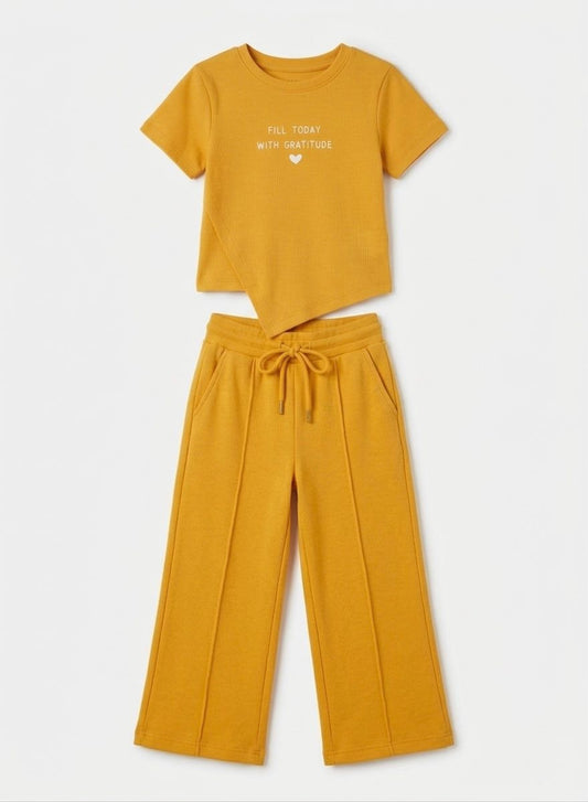 M&S Girls Bright Yellow Ribbed T-Shirt and Wide-Leg Trousers Set