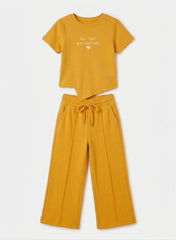 M&S Girls Bright Yellow Ribbed T-Shirt and Wide-Leg Trousers Set