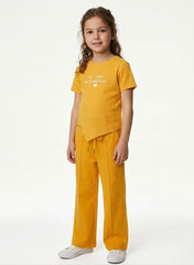 M&S Girls Bright Yellow Ribbed T-Shirt and Wide-Leg Trousers Set