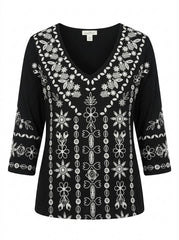 Women’s Black Floral Print V-Neck Top – 3/4 Sleeve Bohemian Patterned Blouse