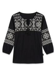 Women's Boho Printed Tunic Top – Black & White Tribal Motif Peasant Blouse with Tassels