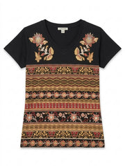 Women's Boho Floral Printed V-Neck Tee – Ethnic Pattern Short Sleeve Top