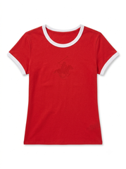 Women’s Red Ringer Tee with Contrast Trim and Embroidered Equestrian Graphic