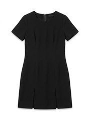Classic Black Short-Sleeve Mini Dress with Front Pleats