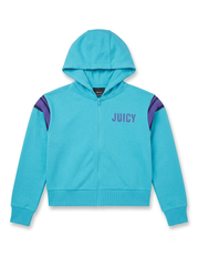 Girls' Turquoise Zip-Up Fleece Hoodie with Purple Shoulder Stripes