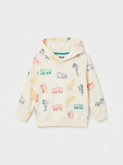 Boys' Construction Truck Print Fleece Hoodie | Cream Kids Pullover Sweatshirt