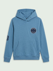 Boys' Blue Pullover Hoodie with Athletic Patch and Kangaroo Pocket