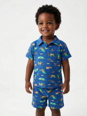 RESERVED Boys Dino & Vehicle Print Polo & Shorts Set