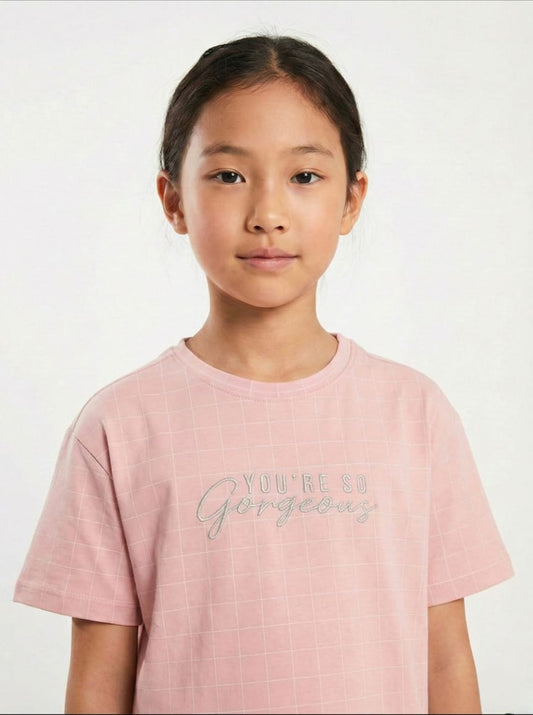 LC WAIKIKI Girls Checkered Embroided Text Tee