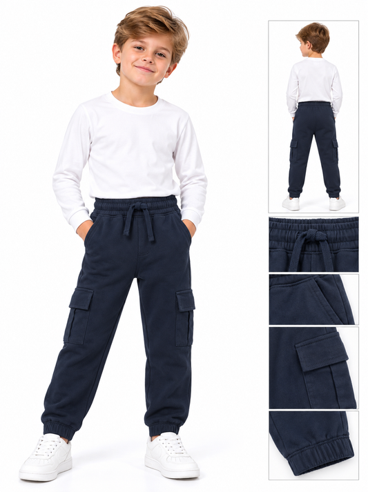 Boys' Casual Cotton-Blend Fleece Cargo Joggers – Navy Blue