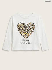 Minoti Girls' Leopard Heart "Paris C'est la Vie" Long-Sleeve Top