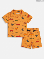 Reserved Boys Helicopter & Car Printed Mustard Polo Shirt and Shorts Set