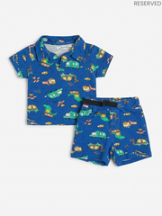 Reserved Boys Dinosaur & Vehicle Printed Royal Blue Polo Shirt and Shorts Set