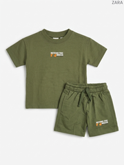 Zara Kids Olive Green "Beyond the Break" Graphic T-Shirt & Shorts 2-Piece Set