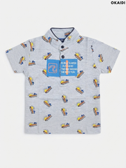 OKAIDI Boys' Grey Surf Print Polo Shirt | Casual Summer Kids Wear