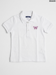 OKAIDI Girls' White Butterfly Embroidered Polo Shirt | Casual Kids Wear