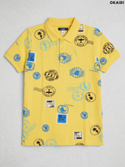 OKAIDI Boys' Yellow Stamp & Postcard Print Polo Shirt | Casual Summer Kids Wear
