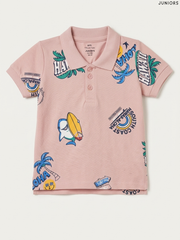 Juniors - Boys Tropical Surf Print Polo Shirt (Dusty Pink)