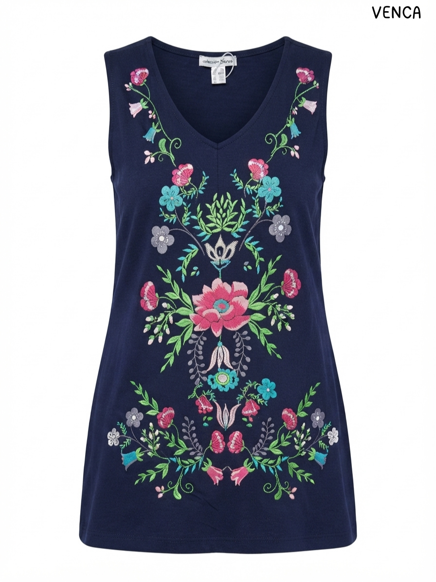 Venca – Women’s Navy Blue V-Neck Sleeveless Floral Embroidered Top / Camiseta sin mangas bordada.