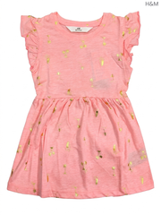 H&M Girls' Pink & Gold Foil Dress | Tropical Print Flutter Sleeve Dress