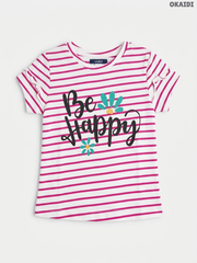 Okaïdi Kids Short-Sleeve "Be Happy" Striped T-Shirt – White & Pink