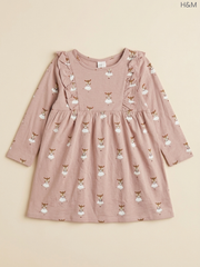 H&M Girls' Dusty Pink Deer Print Ruffle-Trimmed Dress