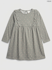 H&M Girls' Grey Ditsy Floral Ruffle-Trimmed Dress