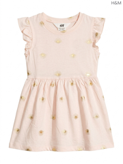 H&M Girls' Pink & Gold Sun Print Dress | Ruffle Sleeve Cotton Dress