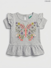 OBAIBI Baby Girls' Grey Butterfly Top | Ruffle Sleeve Floral T-Shirt