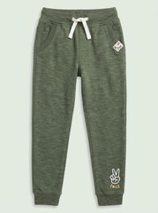 Boys' Casual Cotton-Blend Fleece Joggers with Graphic Detail – Olive Green