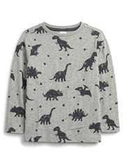 Boys' Long-Sleeve Dinosaur Print T-Shirt – Heather Gray Graphic Crewneck Top