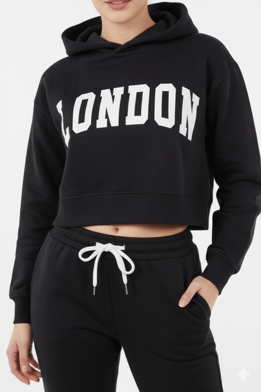 ALCOTT WOMENS BLACK CROPPED LONDON HOODIE - Smgarment's